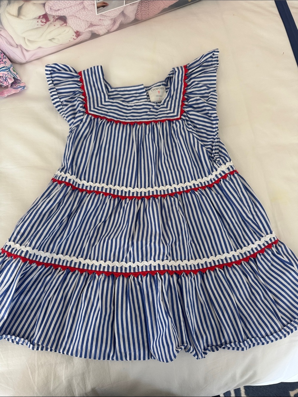 J. Crew Blue and White Striped Tiered Dress with Red Trim